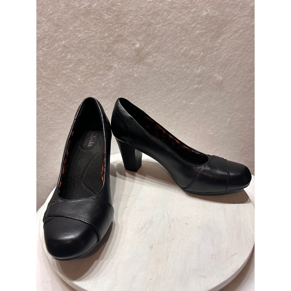 Clarks Bendables Black Leather Block Heel Pumps Leopard Print 6.5M 62582